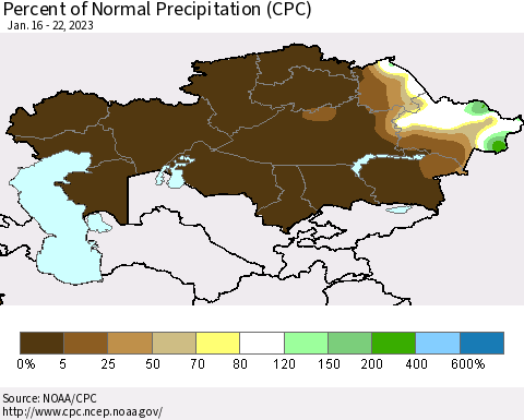 Kazakhstan Percent of Normal Precipitation (CPC) Thematic Map For 1/16/2023 - 1/22/2023