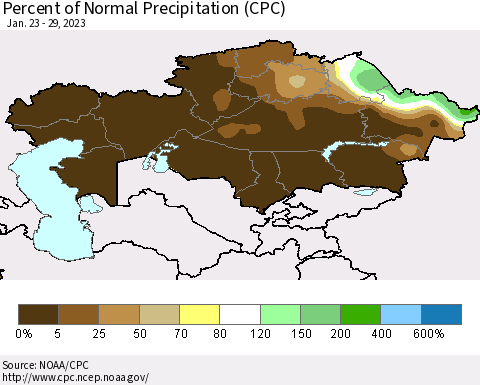 Kazakhstan Percent of Normal Precipitation (CPC) Thematic Map For 1/23/2023 - 1/29/2023