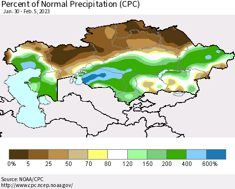 Kazakhstan Percent of Normal Precipitation (CPC) Thematic Map For 1/30/2023 - 2/5/2023