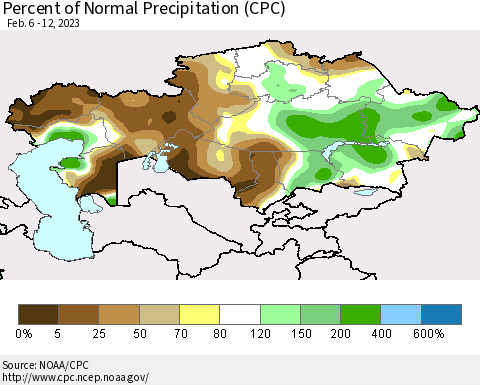 Kazakhstan Percent of Normal Precipitation (CPC) Thematic Map For 2/6/2023 - 2/12/2023