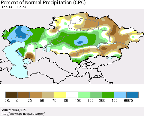 Kazakhstan Percent of Normal Precipitation (CPC) Thematic Map For 2/13/2023 - 2/19/2023