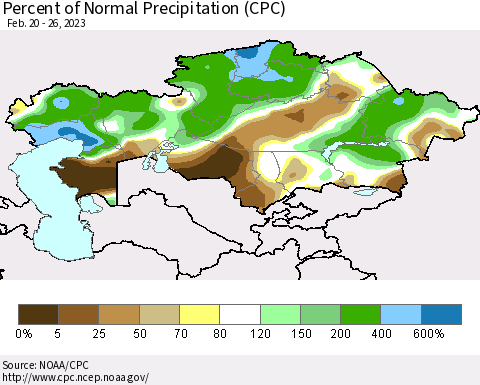 Kazakhstan Percent of Normal Precipitation (CPC) Thematic Map For 2/20/2023 - 2/26/2023