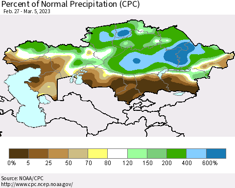 Kazakhstan Percent of Normal Precipitation (CPC) Thematic Map For 2/27/2023 - 3/5/2023