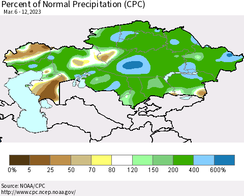 Kazakhstan Percent of Normal Precipitation (CPC) Thematic Map For 3/6/2023 - 3/12/2023