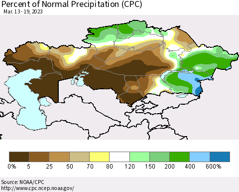 Kazakhstan Percent of Normal Precipitation (CPC) Thematic Map For 3/13/2023 - 3/19/2023