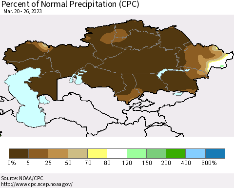 Kazakhstan Percent of Normal Precipitation (CPC) Thematic Map For 3/20/2023 - 3/26/2023