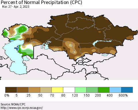 Kazakhstan Percent of Normal Precipitation (CPC) Thematic Map For 3/27/2023 - 4/2/2023