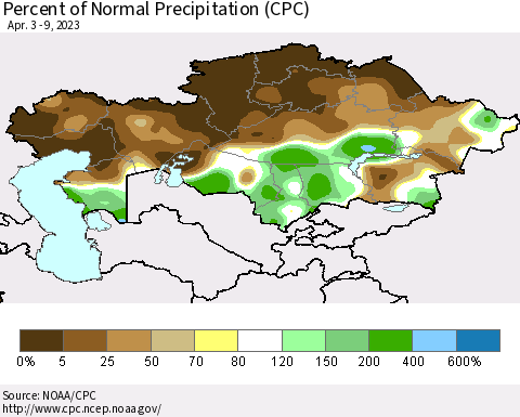 Kazakhstan Percent of Normal Precipitation (CPC) Thematic Map For 4/3/2023 - 4/9/2023