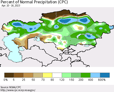 Kazakhstan Percent of Normal Precipitation (CPC) Thematic Map For 4/10/2023 - 4/16/2023