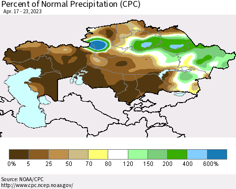 Kazakhstan Percent of Normal Precipitation (CPC) Thematic Map For 4/17/2023 - 4/23/2023