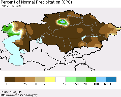 Kazakhstan Percent of Normal Precipitation (CPC) Thematic Map For 4/24/2023 - 4/30/2023