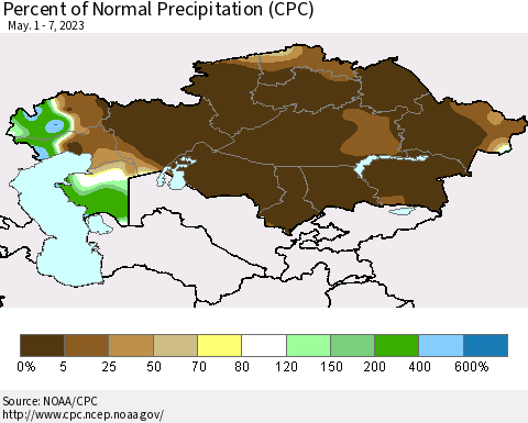 Kazakhstan Percent of Normal Precipitation (CPC) Thematic Map For 5/1/2023 - 5/7/2023