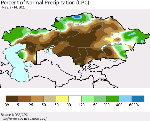 Kazakhstan Percent of Normal Precipitation (CPC) Thematic Map For 5/8/2023 - 5/14/2023