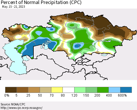 Kazakhstan Percent of Normal Precipitation (CPC) Thematic Map For 5/15/2023 - 5/21/2023