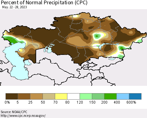Kazakhstan Percent of Normal Precipitation (CPC) Thematic Map For 5/22/2023 - 5/28/2023