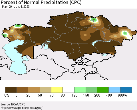 Kazakhstan Percent of Normal Precipitation (CPC) Thematic Map For 5/29/2023 - 6/4/2023
