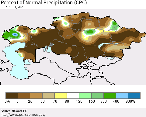 Kazakhstan Percent of Normal Precipitation (CPC) Thematic Map For 6/5/2023 - 6/11/2023