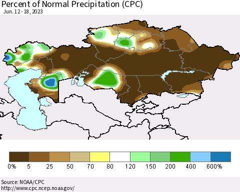 Kazakhstan Percent of Normal Precipitation (CPC) Thematic Map For 6/12/2023 - 6/18/2023