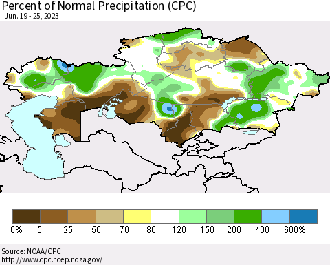 Kazakhstan Percent of Normal Precipitation (CPC) Thematic Map For 6/19/2023 - 6/25/2023
