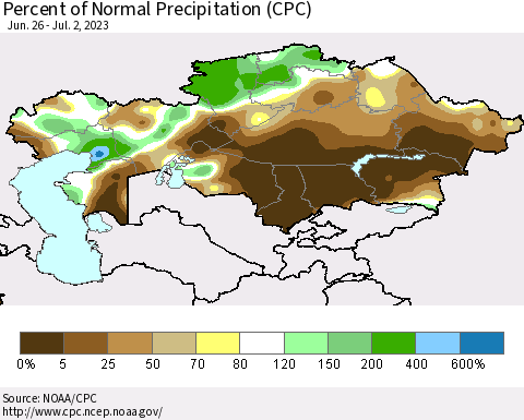 Kazakhstan Percent of Normal Precipitation (CPC) Thematic Map For 6/26/2023 - 7/2/2023