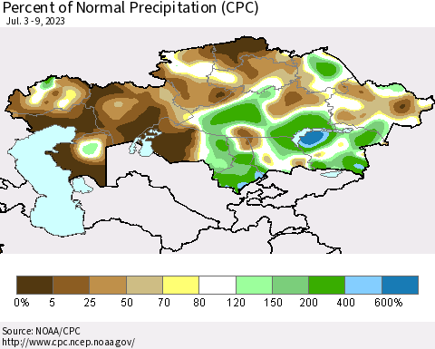 Kazakhstan Percent of Normal Precipitation (CPC) Thematic Map For 7/3/2023 - 7/9/2023