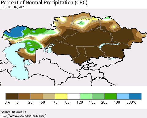 Kazakhstan Percent of Normal Precipitation (CPC) Thematic Map For 7/10/2023 - 7/16/2023