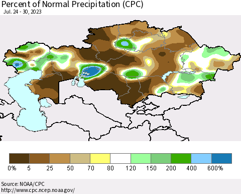 Kazakhstan Percent of Normal Precipitation (CPC) Thematic Map For 7/24/2023 - 7/30/2023