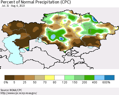 Kazakhstan Percent of Normal Precipitation (CPC) Thematic Map For 7/31/2023 - 8/6/2023
