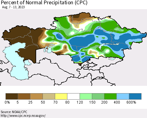 Kazakhstan Percent of Normal Precipitation (CPC) Thematic Map For 8/7/2023 - 8/13/2023
