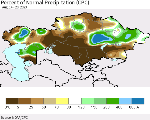 Kazakhstan Percent of Normal Precipitation (CPC) Thematic Map For 8/14/2023 - 8/20/2023