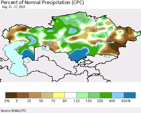 Kazakhstan Percent of Normal Precipitation (CPC) Thematic Map For 8/21/2023 - 8/27/2023
