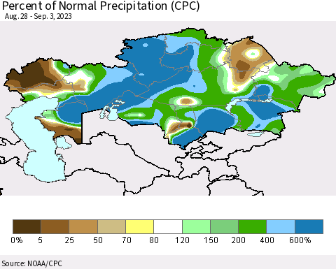 Kazakhstan Percent of Normal Precipitation (CPC) Thematic Map For 8/28/2023 - 9/3/2023