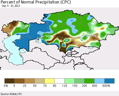 Kazakhstan Percent of Normal Precipitation (CPC) Thematic Map For 9/4/2023 - 9/10/2023