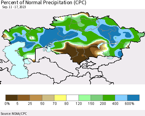 Kazakhstan Percent of Normal Precipitation (CPC) Thematic Map For 9/11/2023 - 9/17/2023