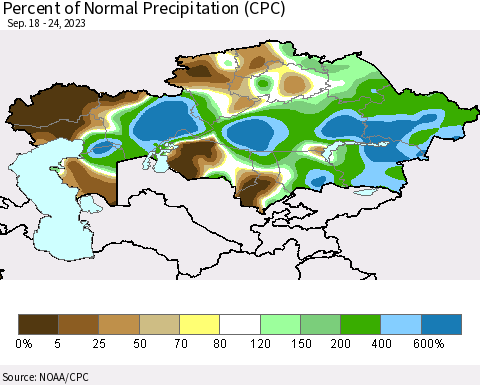 Kazakhstan Percent of Normal Precipitation (CPC) Thematic Map For 9/18/2023 - 9/24/2023