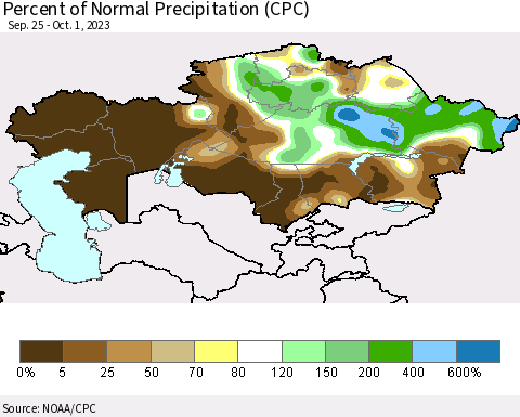 Kazakhstan Percent of Normal Precipitation (CPC) Thematic Map For 9/25/2023 - 10/1/2023