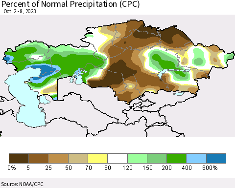 Kazakhstan Percent of Normal Precipitation (CPC) Thematic Map For 10/2/2023 - 10/8/2023