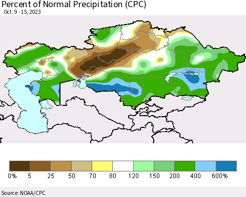 Kazakhstan Percent of Normal Precipitation (CPC) Thematic Map For 10/9/2023 - 10/15/2023