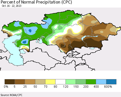 Kazakhstan Percent of Normal Precipitation (CPC) Thematic Map For 10/16/2023 - 10/22/2023