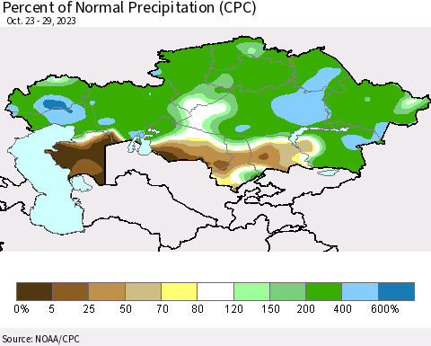 Kazakhstan Percent of Normal Precipitation (CPC) Thematic Map For 10/23/2023 - 10/29/2023