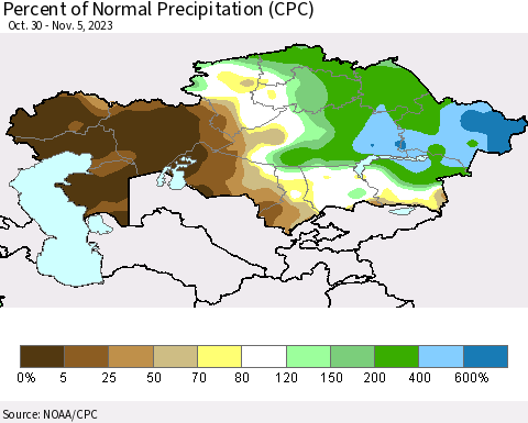 Kazakhstan Percent of Normal Precipitation (CPC) Thematic Map For 10/30/2023 - 11/5/2023