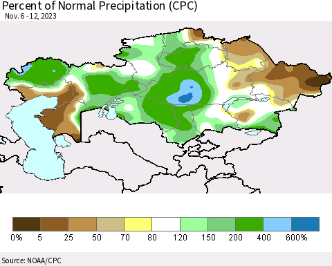Kazakhstan Percent of Normal Precipitation (CPC) Thematic Map For 11/6/2023 - 11/12/2023