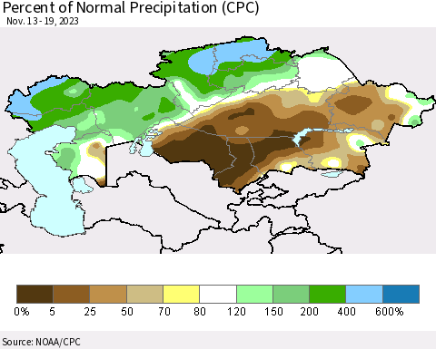 Kazakhstan Percent of Normal Precipitation (CPC) Thematic Map For 11/13/2023 - 11/19/2023