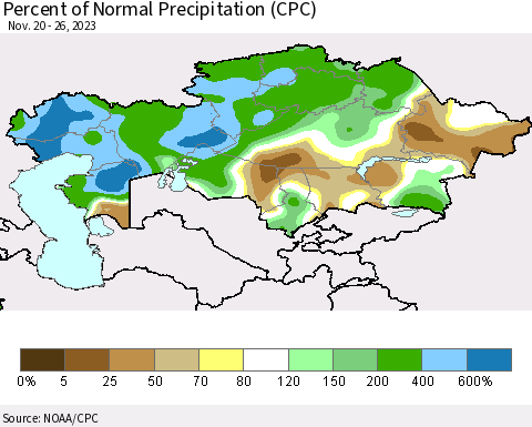 Kazakhstan Percent of Normal Precipitation (CPC) Thematic Map For 11/20/2023 - 11/26/2023