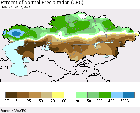Kazakhstan Percent of Normal Precipitation (CPC) Thematic Map For 11/27/2023 - 12/3/2023