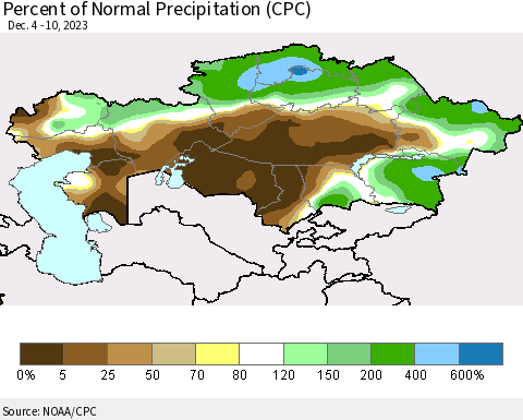 Kazakhstan Percent of Normal Precipitation (CPC) Thematic Map For 12/4/2023 - 12/10/2023