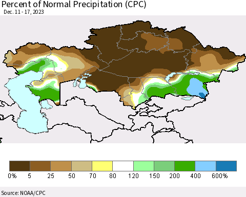 Kazakhstan Percent of Normal Precipitation (CPC) Thematic Map For 12/11/2023 - 12/17/2023