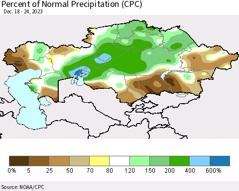 Kazakhstan Percent of Normal Precipitation (CPC) Thematic Map For 12/18/2023 - 12/24/2023