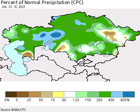 Kazakhstan Percent of Normal Precipitation (CPC) Thematic Map For 12/25/2023 - 12/31/2023