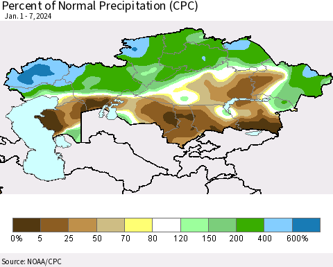 Kazakhstan Percent of Normal Precipitation (CPC) Thematic Map For 1/1/2024 - 1/7/2024